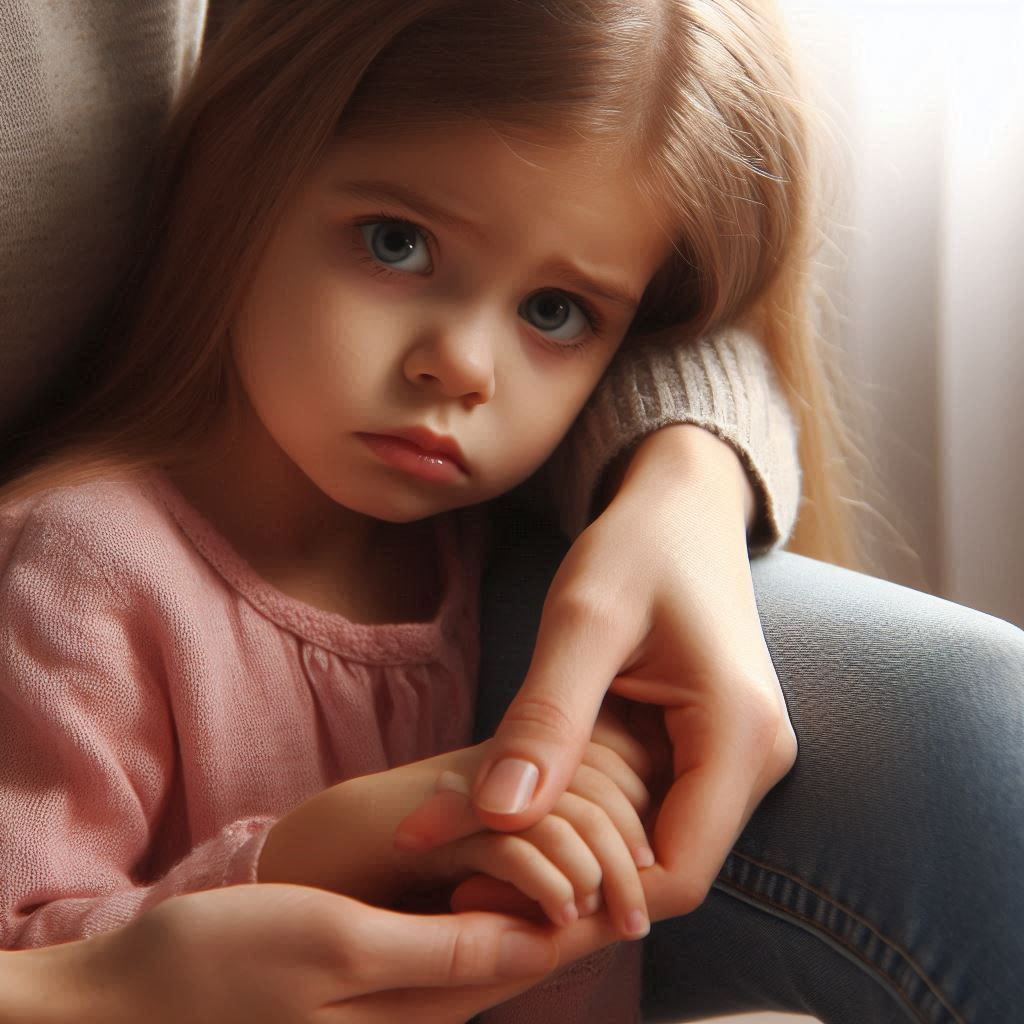 Nina Triste Cogida De La Mano De Mama