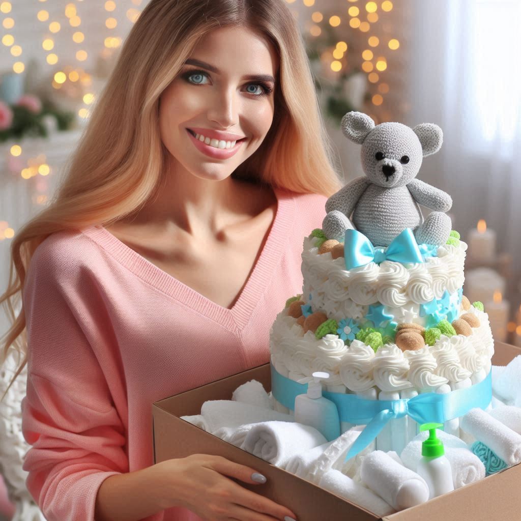 Mama Guapa Con Bebe Recibiendo Una Espectacular Tarta De Panales Con Productos De Higiene Y Manta Bo