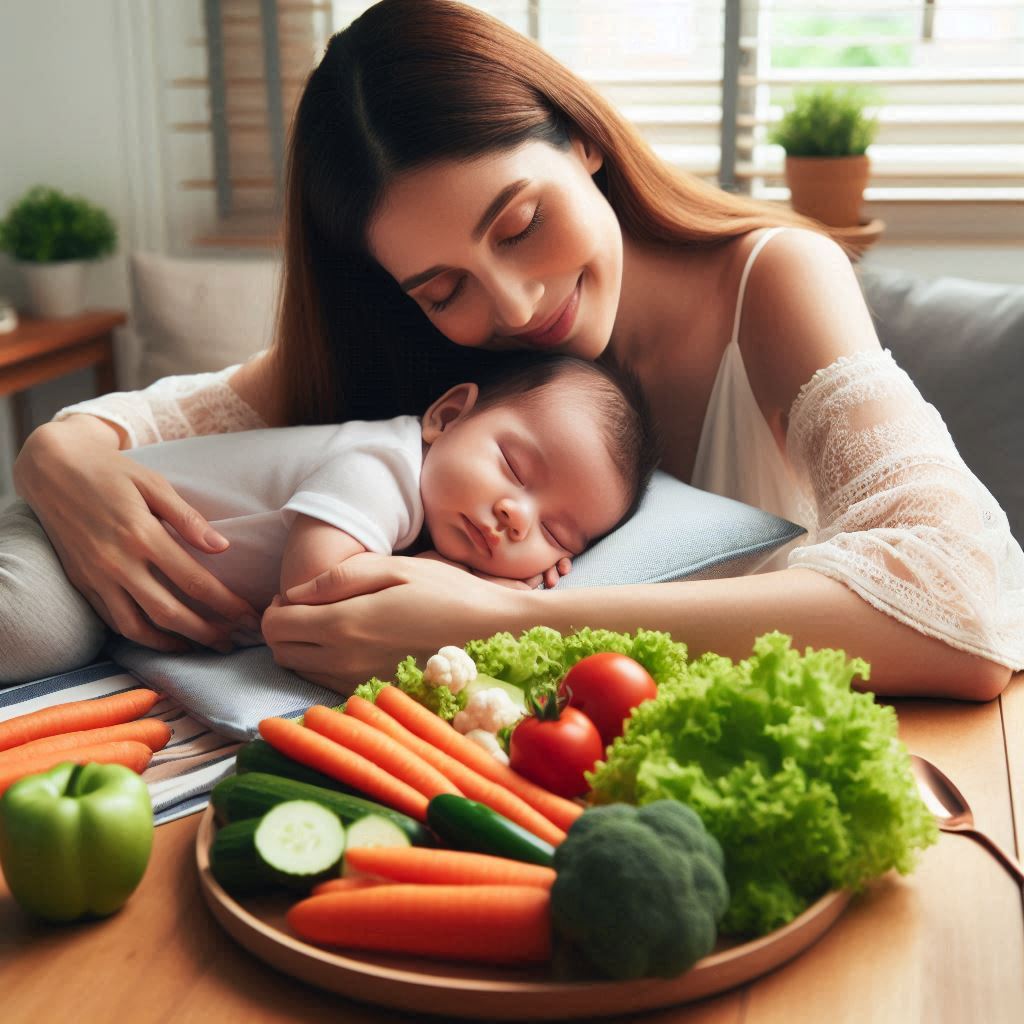 Bebe Dormido Con Mama Y Plato De Verduras En La Mesa