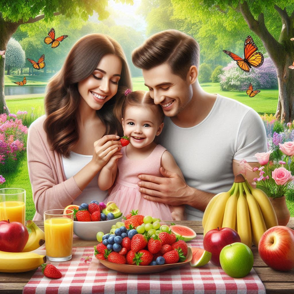 Mama Y Papa Con Peque Comiendo Fruta