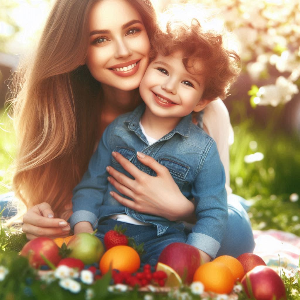 mamá y peque comiendo fruta