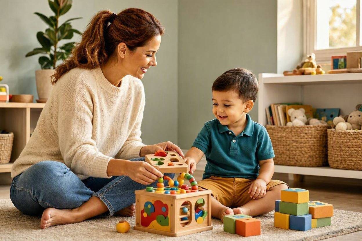 Mam Jugando Con Su Hijo Juguetes Aprendizaje