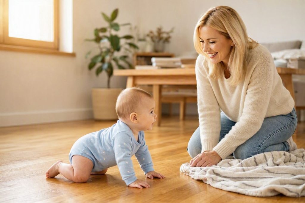 Bebe Gateando Con Mama